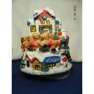 Santa with Reindeer at House Figurine/Music Box